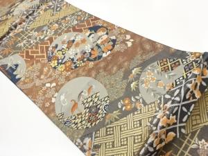 丸文に草花・鶴模様織出し袋帯